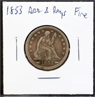 1853 arrows and rays seated liberty quarter