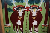 Maud Lewis original painting Oxen in tulips
