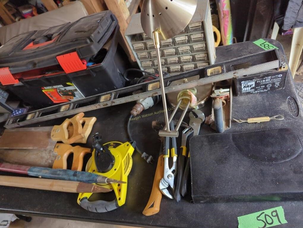 Table Lot Of Tools, Saws, Bolt Cabinet Tool Box