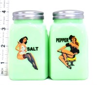 Pair jadeite salt/pepper shakers w/ pinups