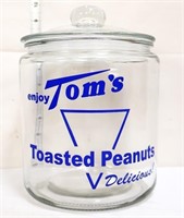 Glass Toms Peanut canister w/ blue writing