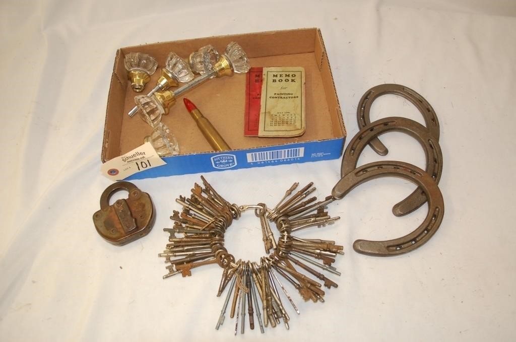 Glass knob door handles, old Keys & horseshoes