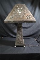 Mexican pierced tin large table lamp, Faces