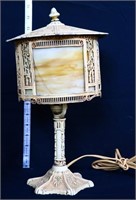 Vintage iron table lamp w/ slag panels, see photos