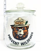 Round glass Smokey Bear canister w/ glass lid