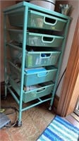 Aqua/ turquoise metal shelf on wheels 5 drawers