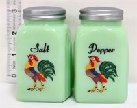 Pair jadeite rooster salt/pepper shakers