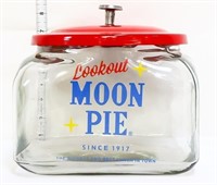 Square glass Moon Pie canister w/ red lid
