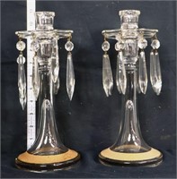 Pair glass candlestick holders w/ glass prisms