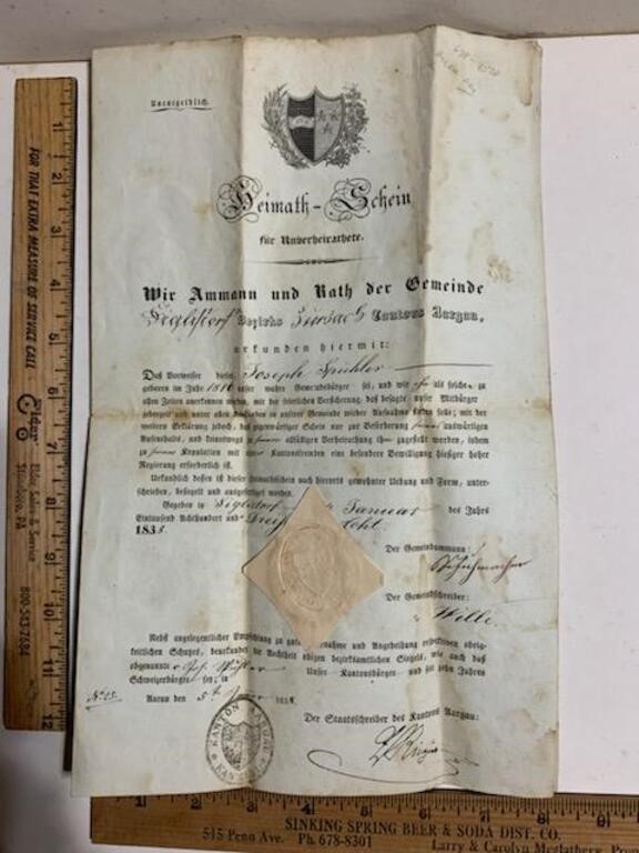 Certificate of Citizenship in all German 1838