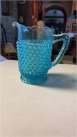 Blue hobnail water pitcher 8" high