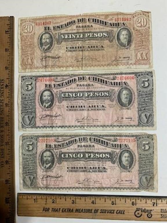 2-5 Pesos and 1-20 Pesos Bills From Chihuahua