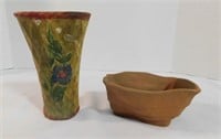 2 Planters, 1 Pottery Wall Pocket Vase