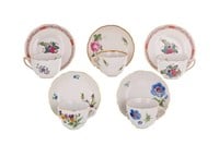 FIVE HAND-PAINTED PORCELAIN CUPS & SAUCERS