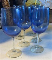 6 pc blue and clear wine glasses