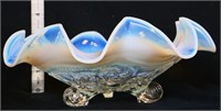 Footed opalescent ruffled edge glass bowl