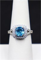 Sterling square cut blue topaz ring, lab grown