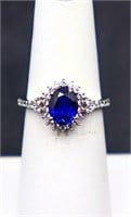 Sterling oval cut blue sapphire ring, lab grown