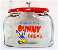 Square glass Bunny Bread jar w/ red metal lid
