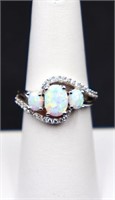 Sterling oval 3 stone opal ring, lab grown