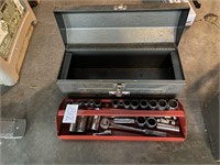 METAL TOOL BOX W/ 1/2" DRIVE RATCHET & SOCKETS