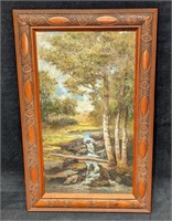 Vintage Framed Oil On Canvas Forest Waterfall