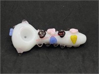 White Multi Colored Hearts Glass Pipe