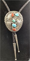 TURQUOISE AND CORAL SILVER BOLO TIE