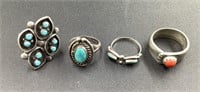 TURQUOISE AND CORAL SILVER RINGS