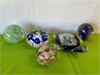 5 Glass Paperweights Including Turtle