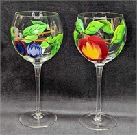 2 Tall Stem Hand Painted Fruit Wine Glasses