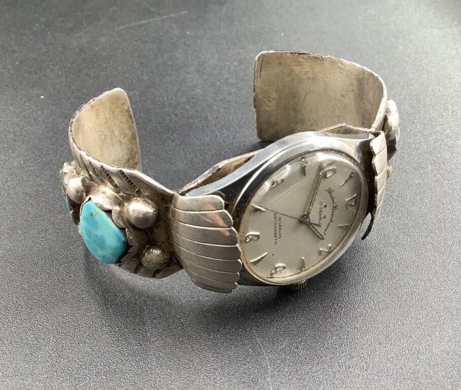 ANDRE BOUCHARD WATCH -SILVER AND TURQUOISE CUFF
