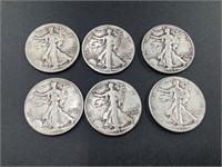 SIX WALKING LIBERTY SILVER HALF DOLLARS