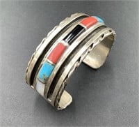 SILVER TURQUOISE -CORAL-MOTHER OF PEARL CUFF