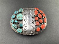 NAVAJO SILVER CORAL AND TURQUOISE BELT BUCKLE