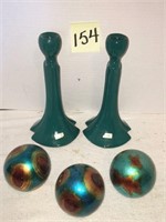 Pair of Green Haeger Candle Sticks with orbs