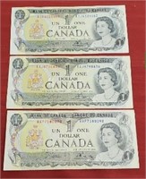 (3) 1973 Canadian $1 Bills