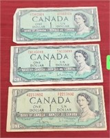 (3) 1954 Canadian $1 bank notes