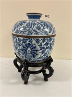 Large Blue and White Lidded Pot w/ Stand