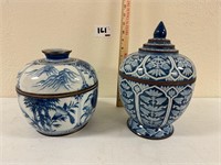 2 Blue and White Lidded Jars 8" H & 12" H