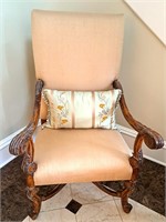 BEAUTIFUL SILK UPHOLSTERED SIDE CHAIR ORNATE ARMS