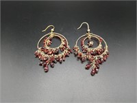 Gold Tone Earrings w/ Red Dangling Beads