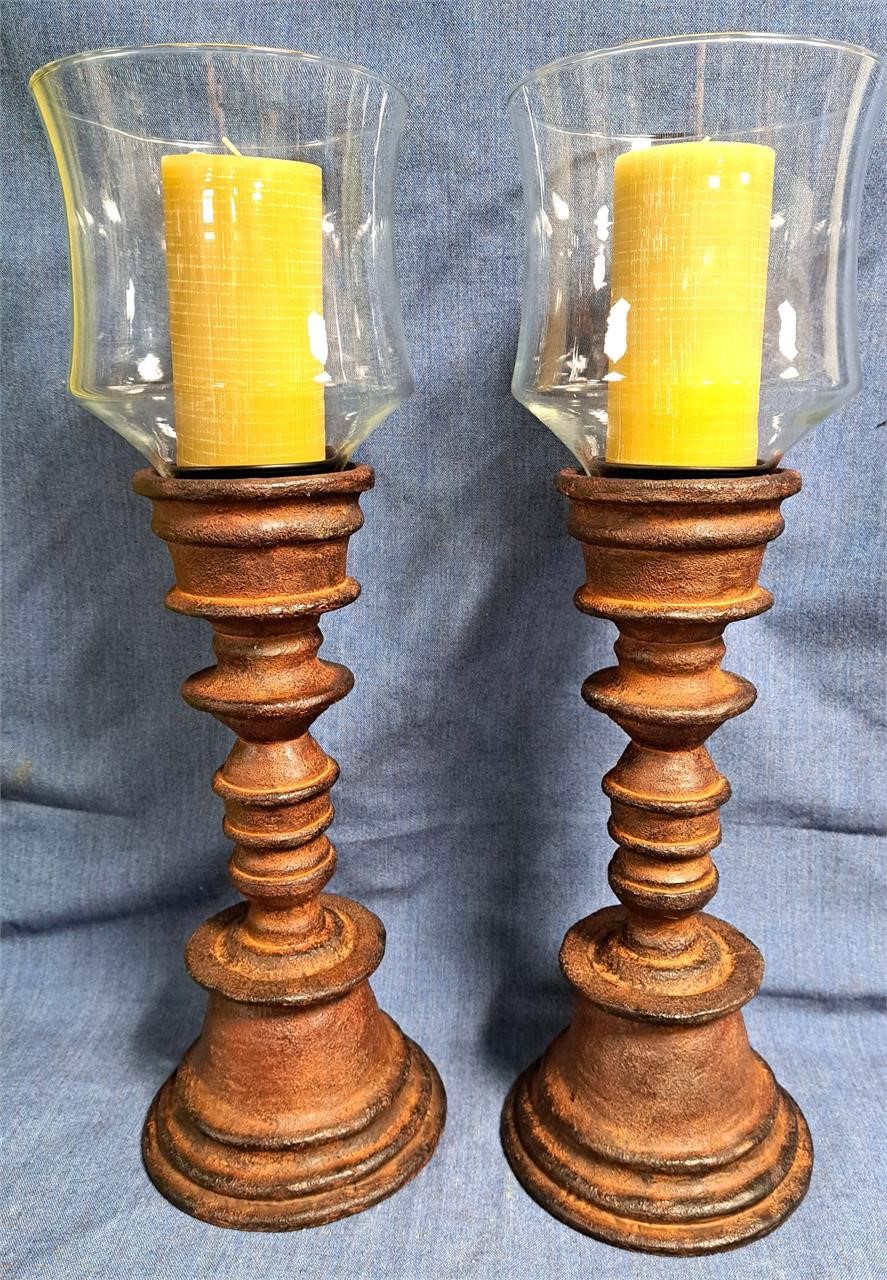 PAIR 22" TALL CANDLEHOLDERS WITH GLASS SHADES
