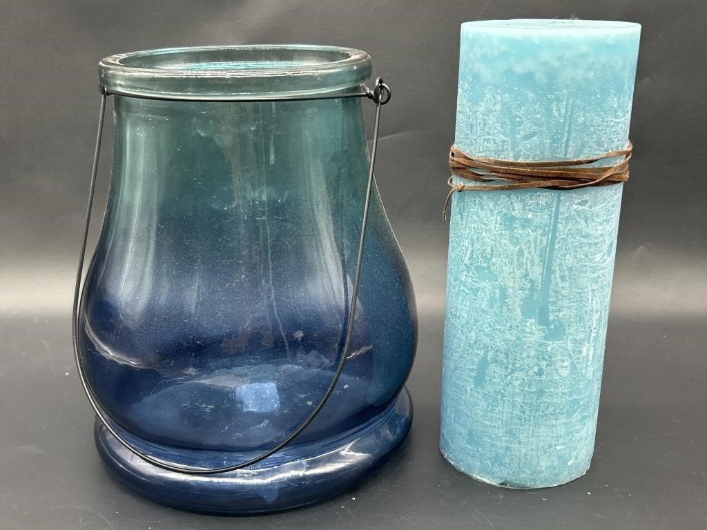 Vintage Blue Glass Hanging Lantern, PLUS