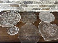 (6) Pressed Glass Platters, Trivets, & a Bowl