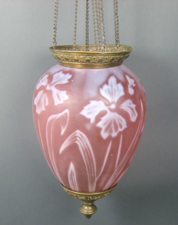Victorian Cranberry Opal Glass Hanging  Oil Lamp