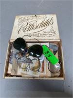 Cigar box with tokens, eyeglasses