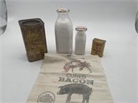 Vintage Tin Cans, Milk Bottles, towel