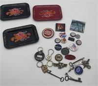 Vintage Pins, Keys, Tin Trays