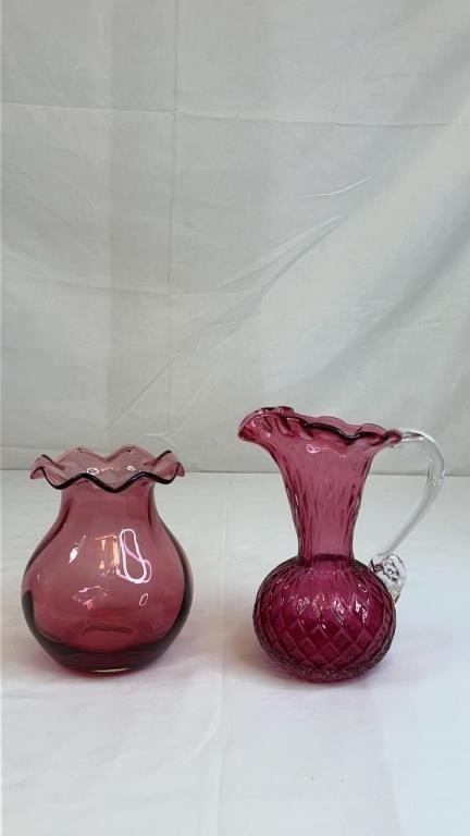 CRANBERRY GLASS PITCHER AND VASE